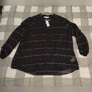 2X Penningtons Black Long Sleeve Sheer Blouse with White, Red And Pink Accents